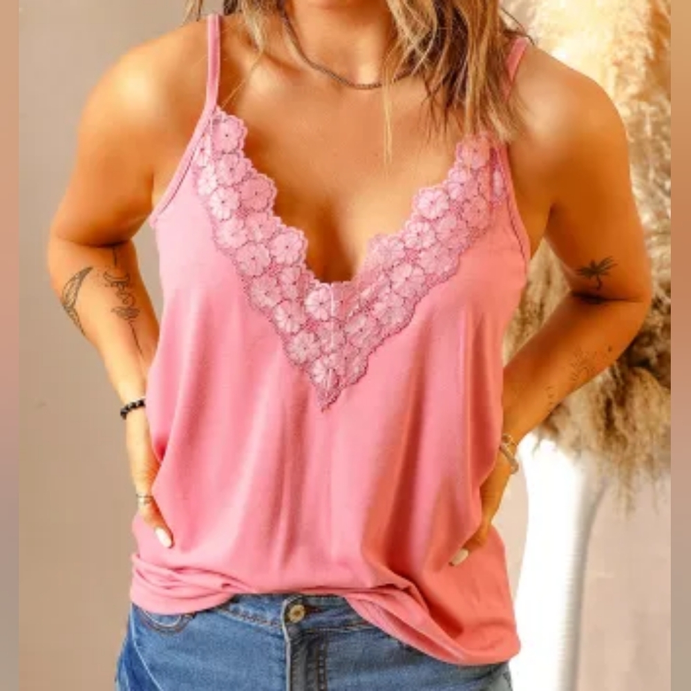 NWT'S- OVER THE MOON - Pink Cami Tank Top, Lace Trim, various sizes